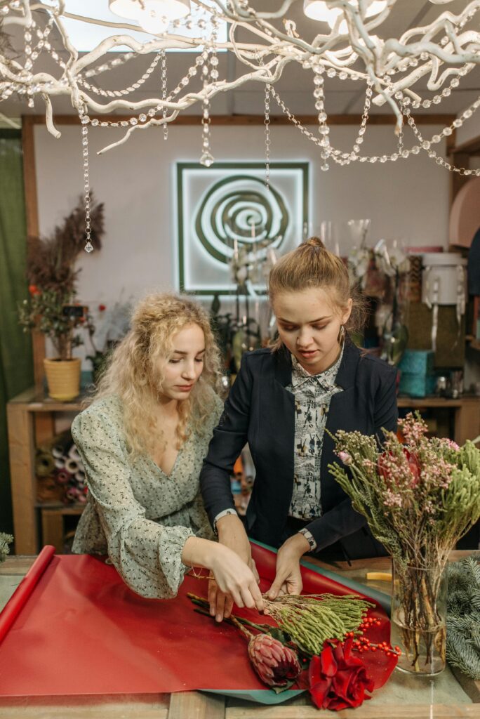 Women Making a Flower Bouquet